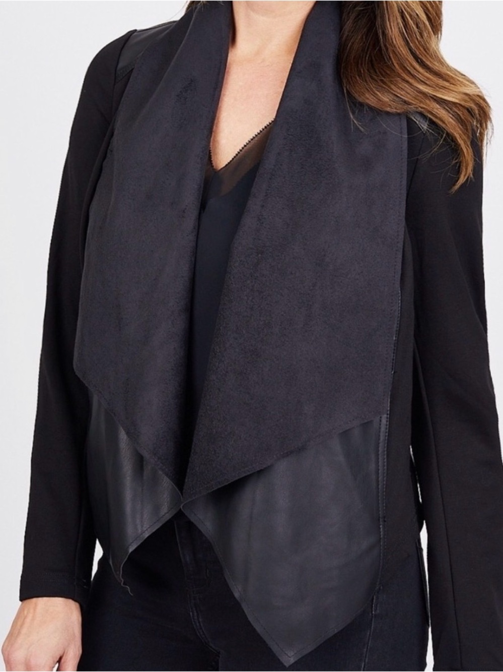Kut from the Kloth Black Faux-Suede and Leather-Trim Draped Jacket